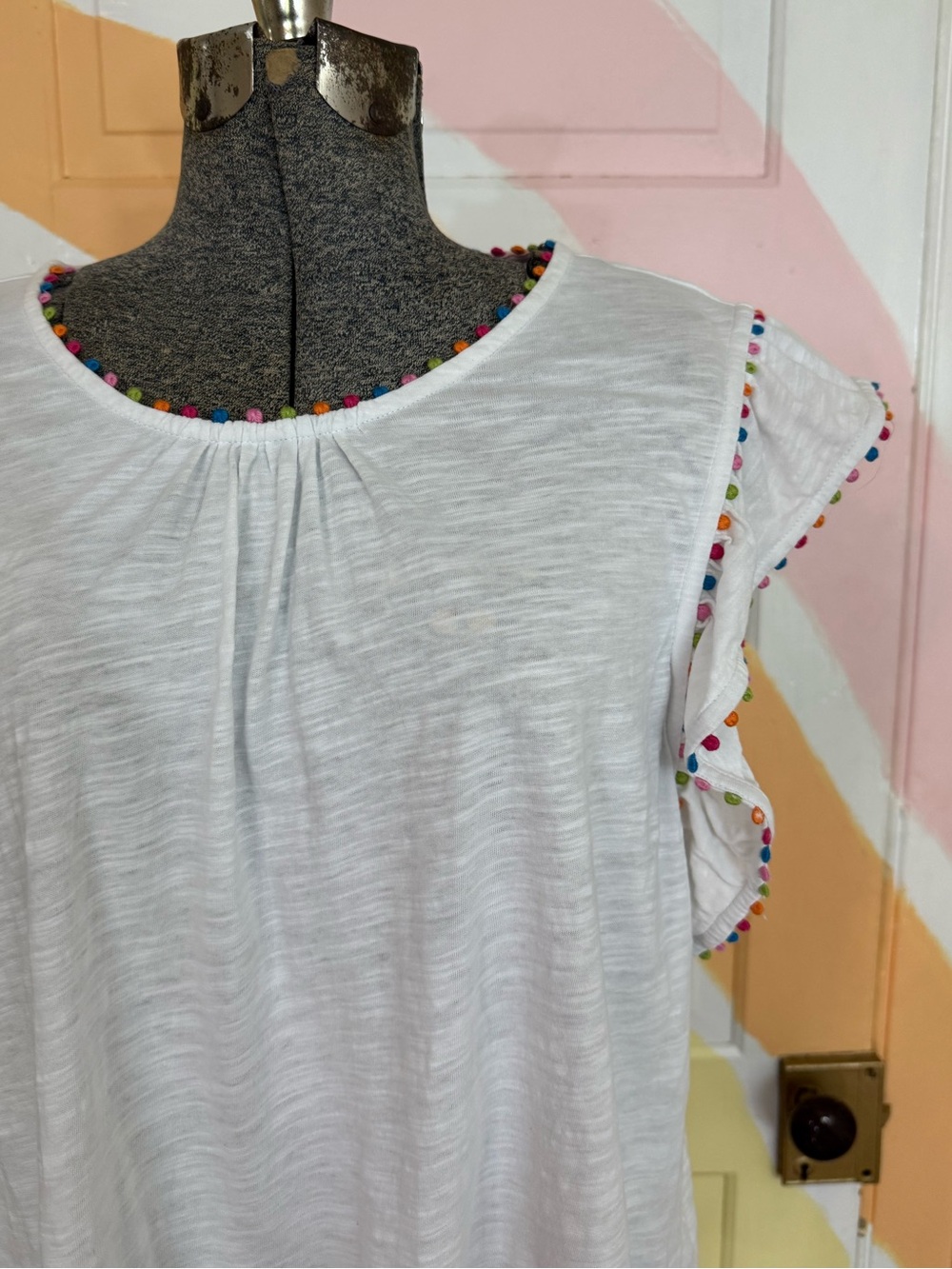 Boden Colorful Pom Trim Ruffle Sleeve 100% Cotton Top Sz 20 💚🍄 - Picture 3 of 9